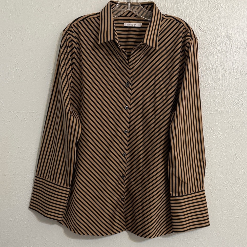 Chico's Size 3 (XL) Diagonal Striped Brown and Black Button Down Blouse